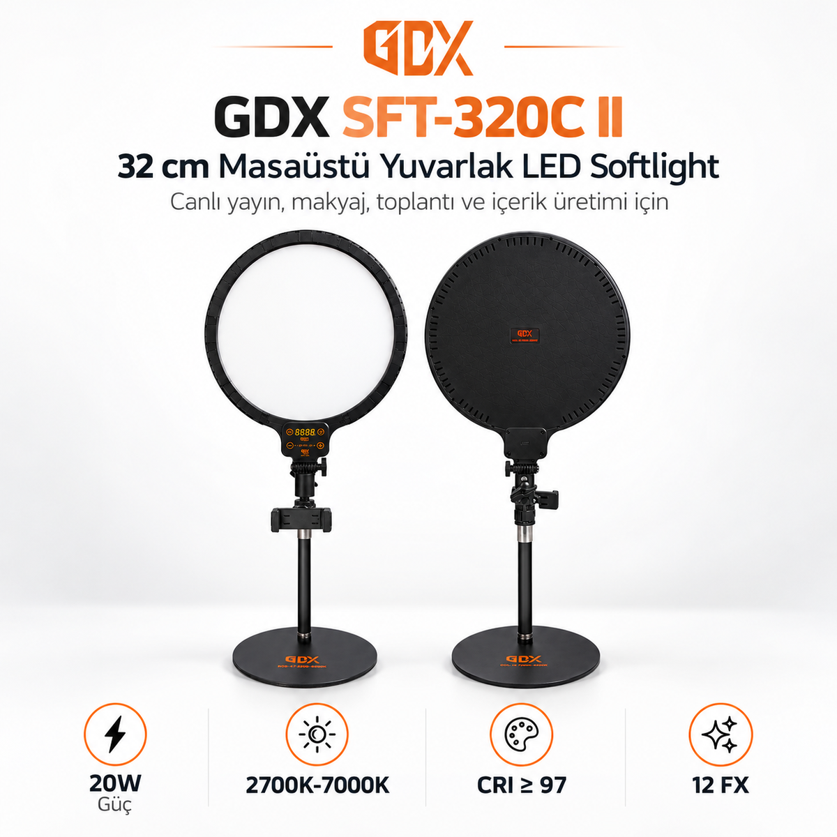 GDX SFT-320C II 32cm Bi-Color Masaüstü LED Soft Panel Canlı Yayın Işığı