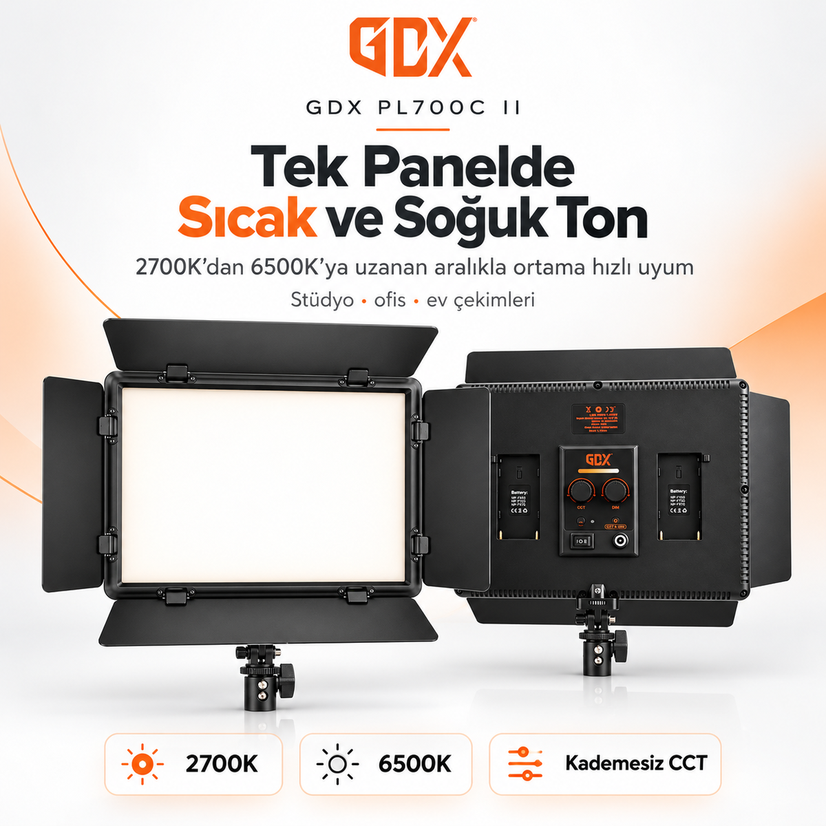 GDX.PL700C.II 35W 4 Kanat Barndoorlu Bi-Color LED Video Paneli (2700K-6500K, 720 LED, 8 FX Efekt, AC/DC Cift Guclu)