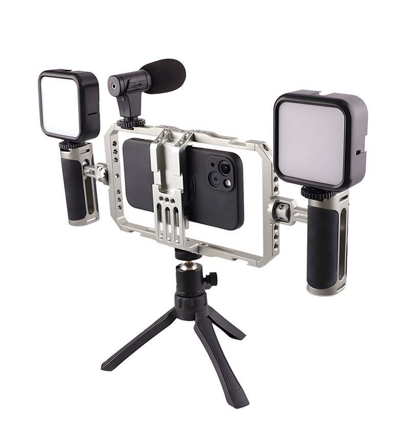 GDX PHN-08 Profesyonel Video Rig Çift Tutacaklı Metal Telefon Kafesi Vlog Ekipmanı