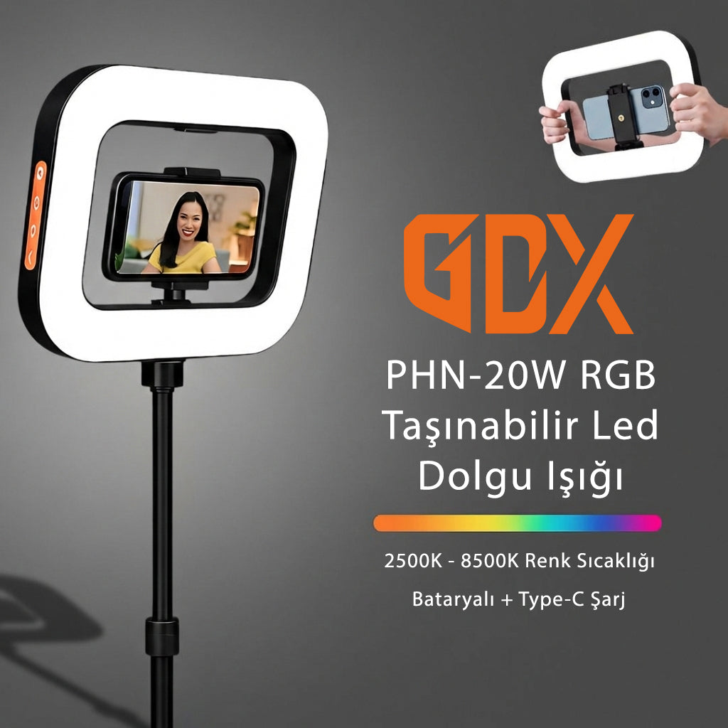 GDX PHN-20W RGB Led Video Işığı Sabitleyici Stabilizatörlü Vlog Rig Telefon Işık Seti