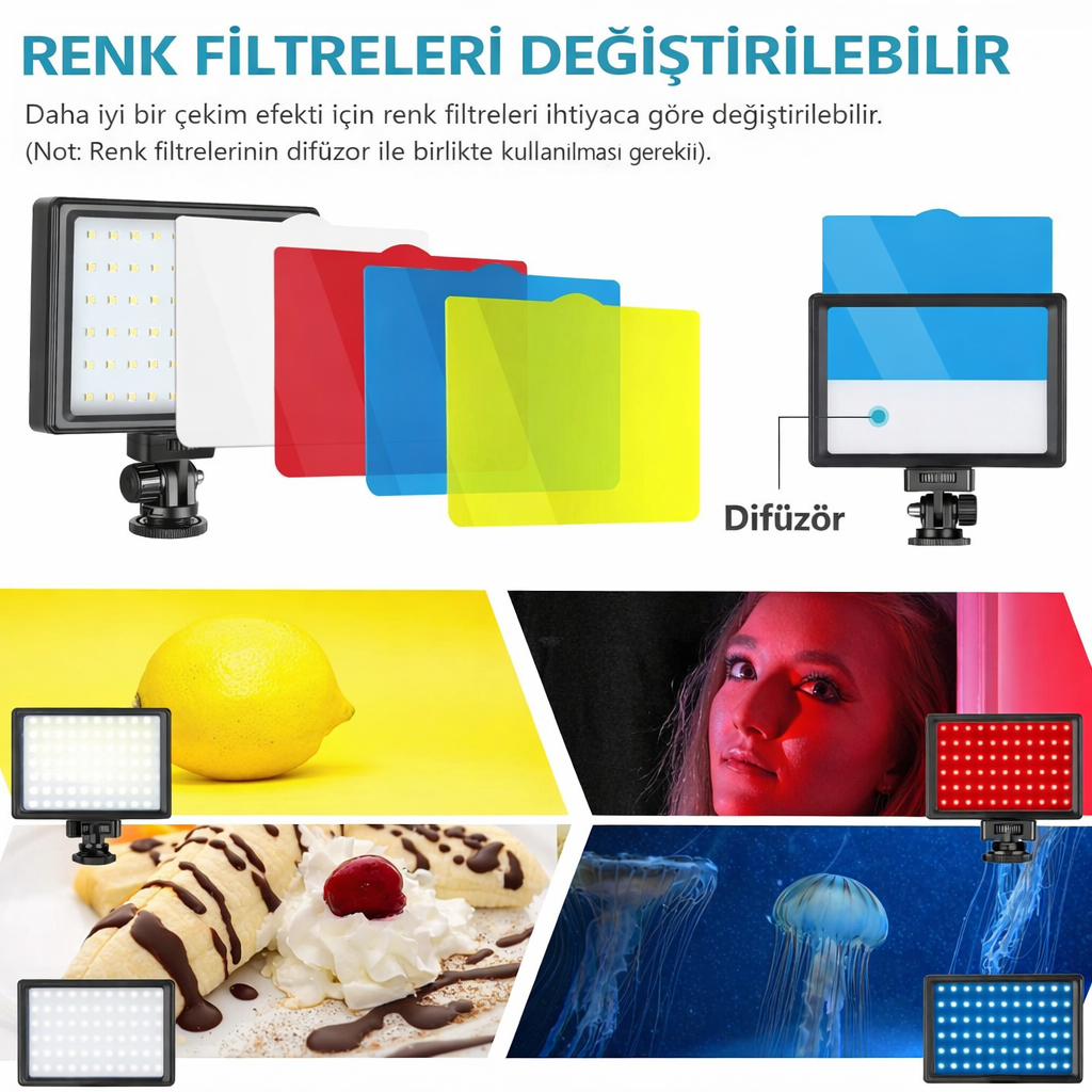 GDX SFT-120C 2'li LED Panel Işık Seti Masaüstü Standlı Renkli Filtreli Vlog Yayıncı Işığı